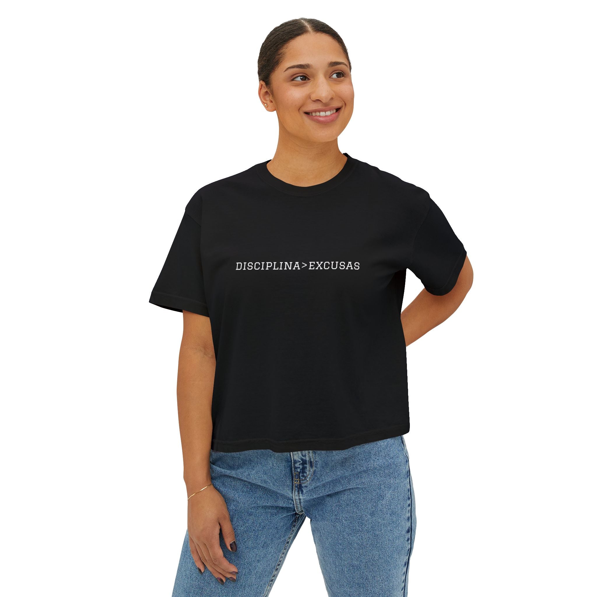 Disciplina > Excusas Boxy Tee — Minimal Spanish Motivational Crop Top