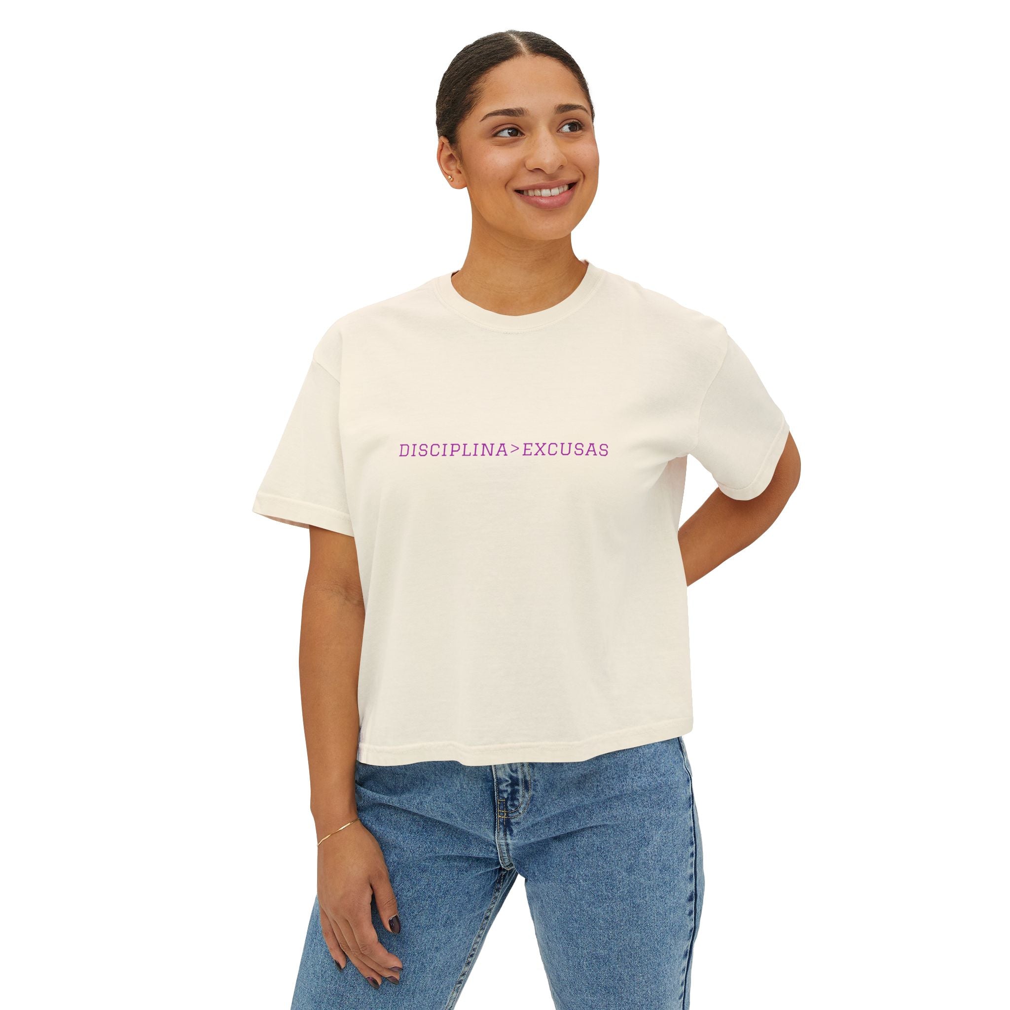 Disciplina > Excusas Boxy Tee — Minimal Spanish Motivational Crop Top